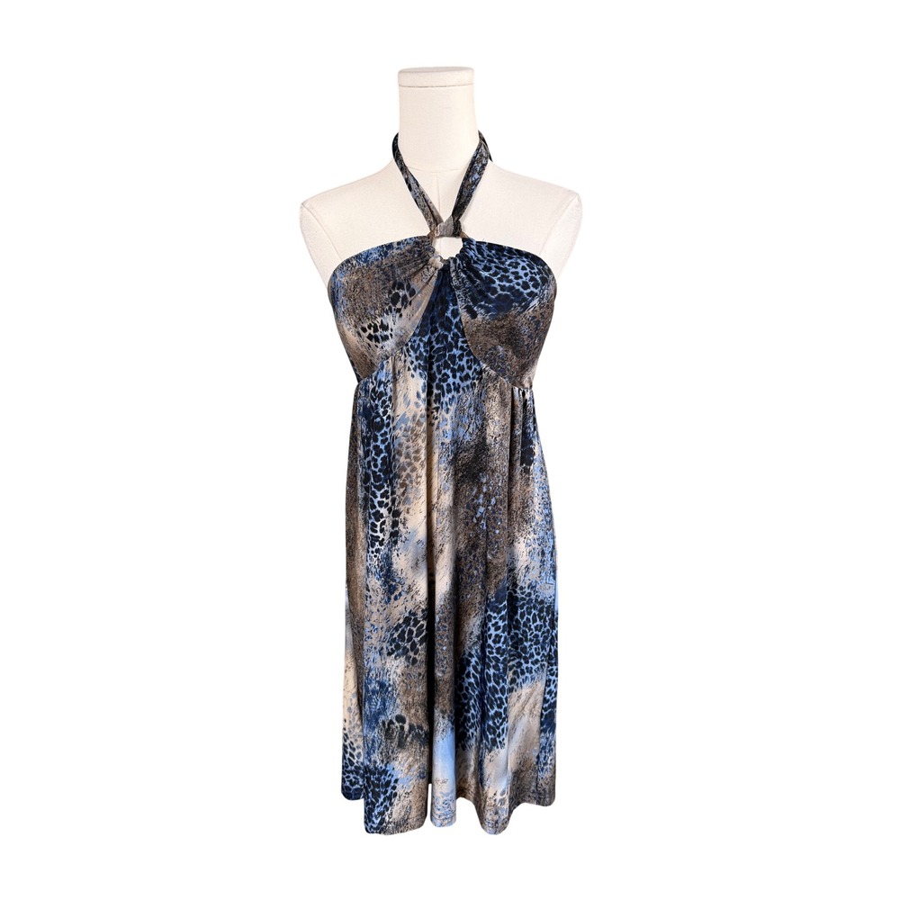 Cristina Love Blue Brown Leopard Print Halter Empire Waist Dress Large Y2K